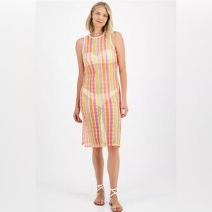 Miken Neon Stripe Sheer Swim Cover-Up Dress